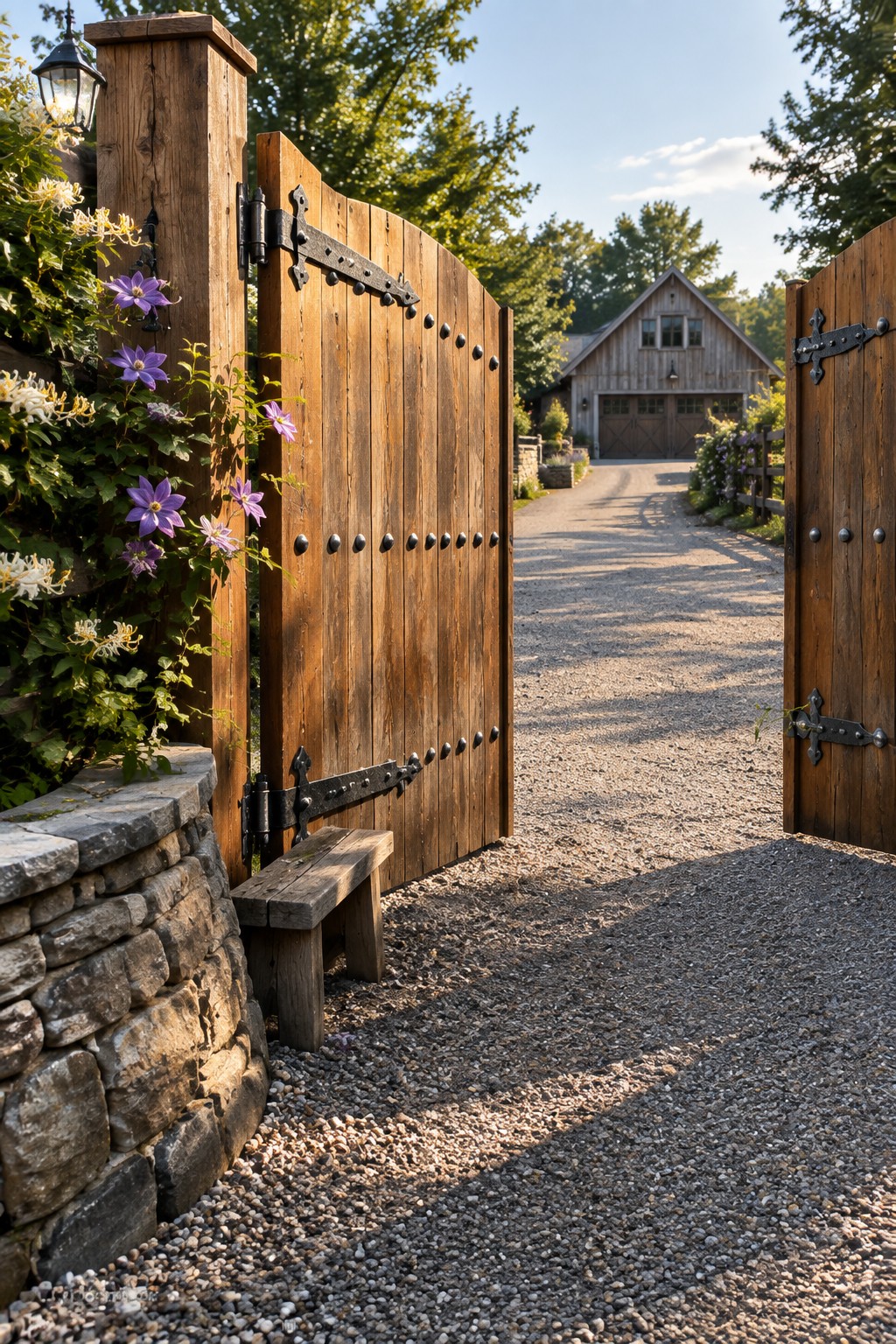 Open wooden driveway gates with black metal hardware stand beside a low stone wall covered in purple flowers, with a gravel path leading to a barn-style building.