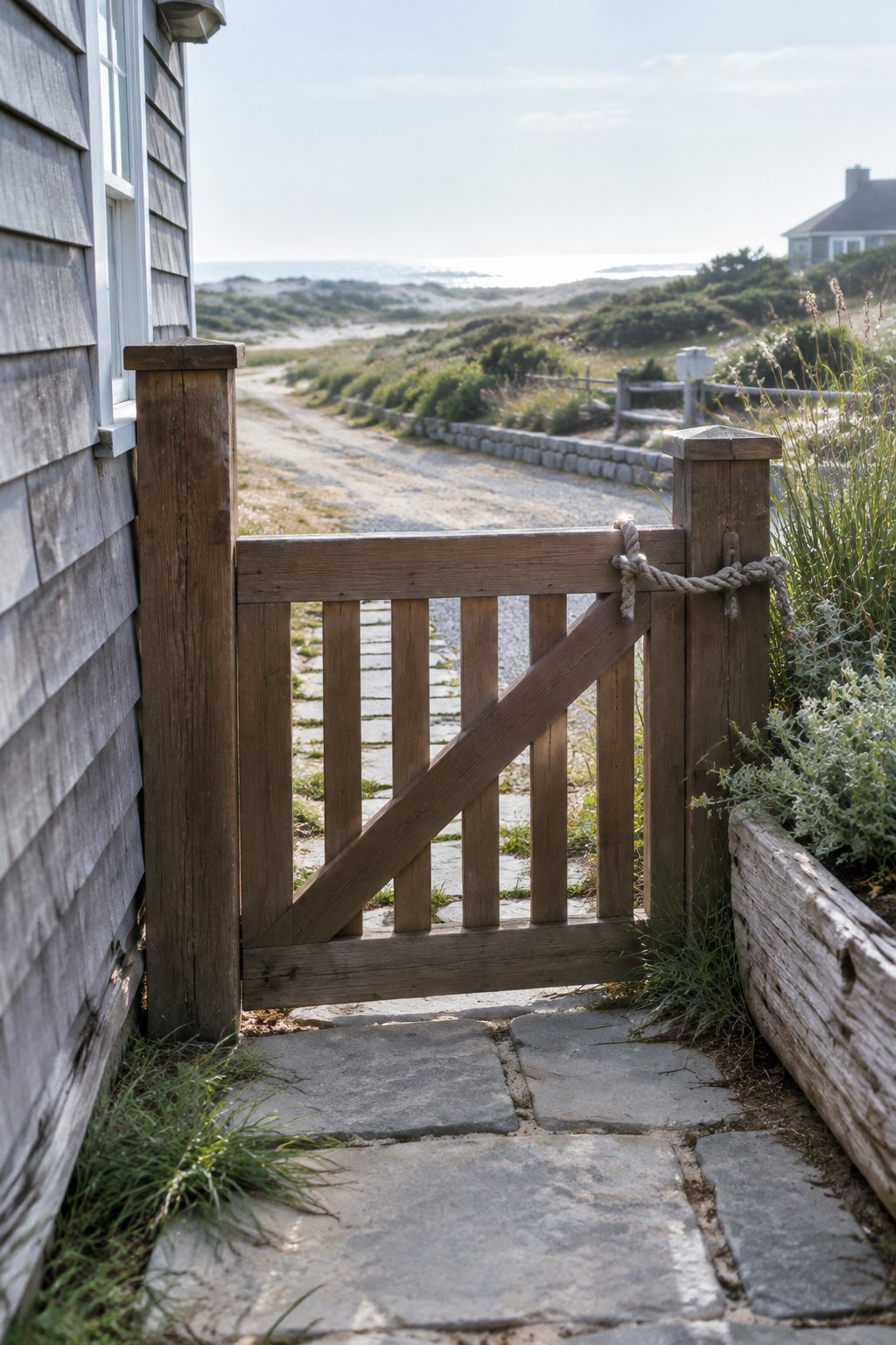 A weathered wooden gate with vertical slats and a diagonal brace, tied shut with thick rope on a post beside a stone path.