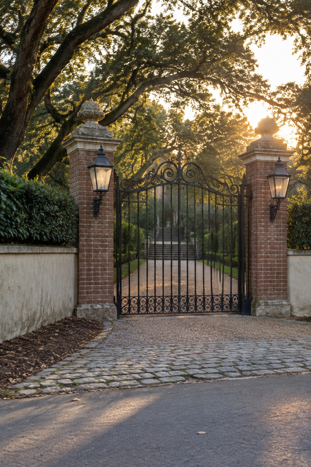 Ornate black wrought-iron gate between brick pillars with lanterns on cobblestone path at sunset.