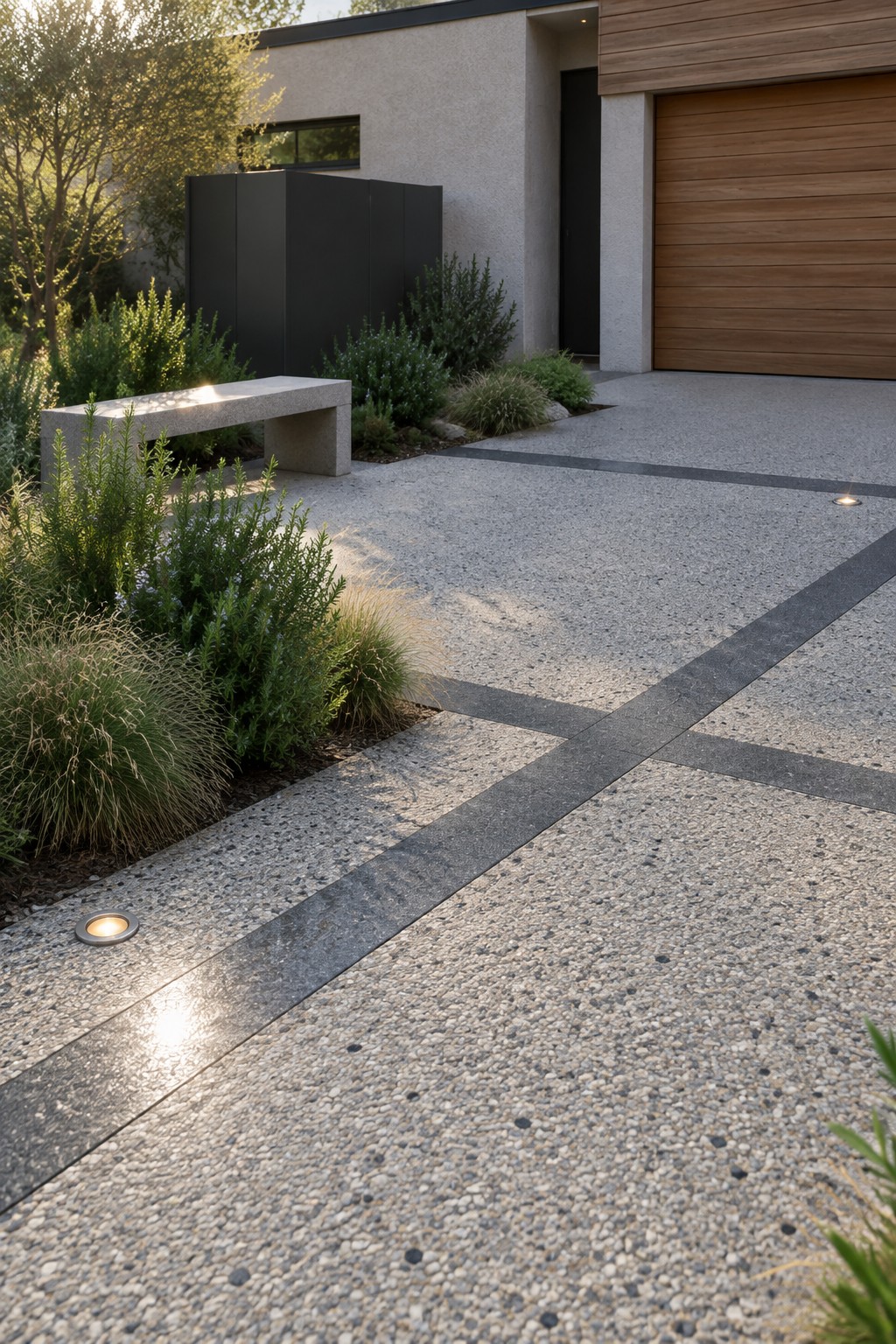 A light-colored resin bound driveway with dark linear inlays, bordered by low shrubs and a concrete bench, next to a modern house with wood garage door.