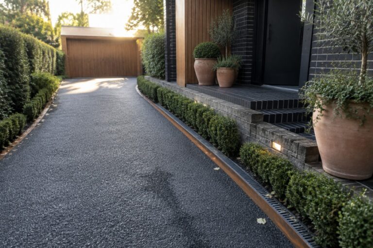 14 Durable Small Driveway Ideas Using Resin Bound Surfaces Curved gravel driveway at modern brick home with potted plants and stone wall.