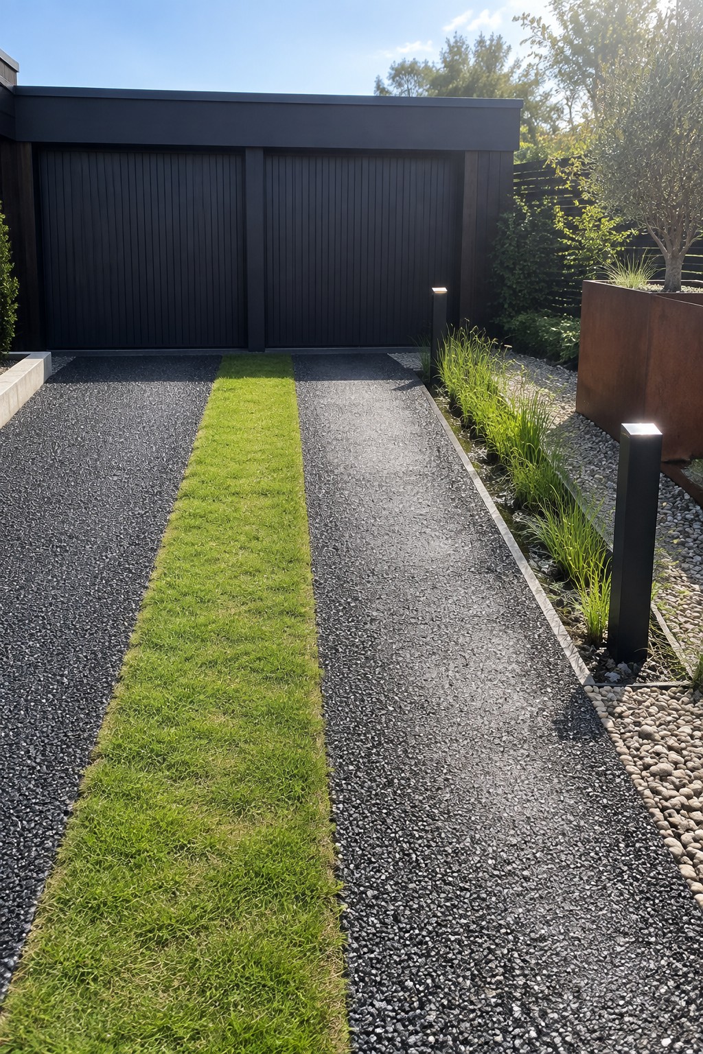 A modern driveway features dark gravel on both sides of a central green grass strip leading to black garage doors, with low plantings and dark bollard lights along the right edge.
