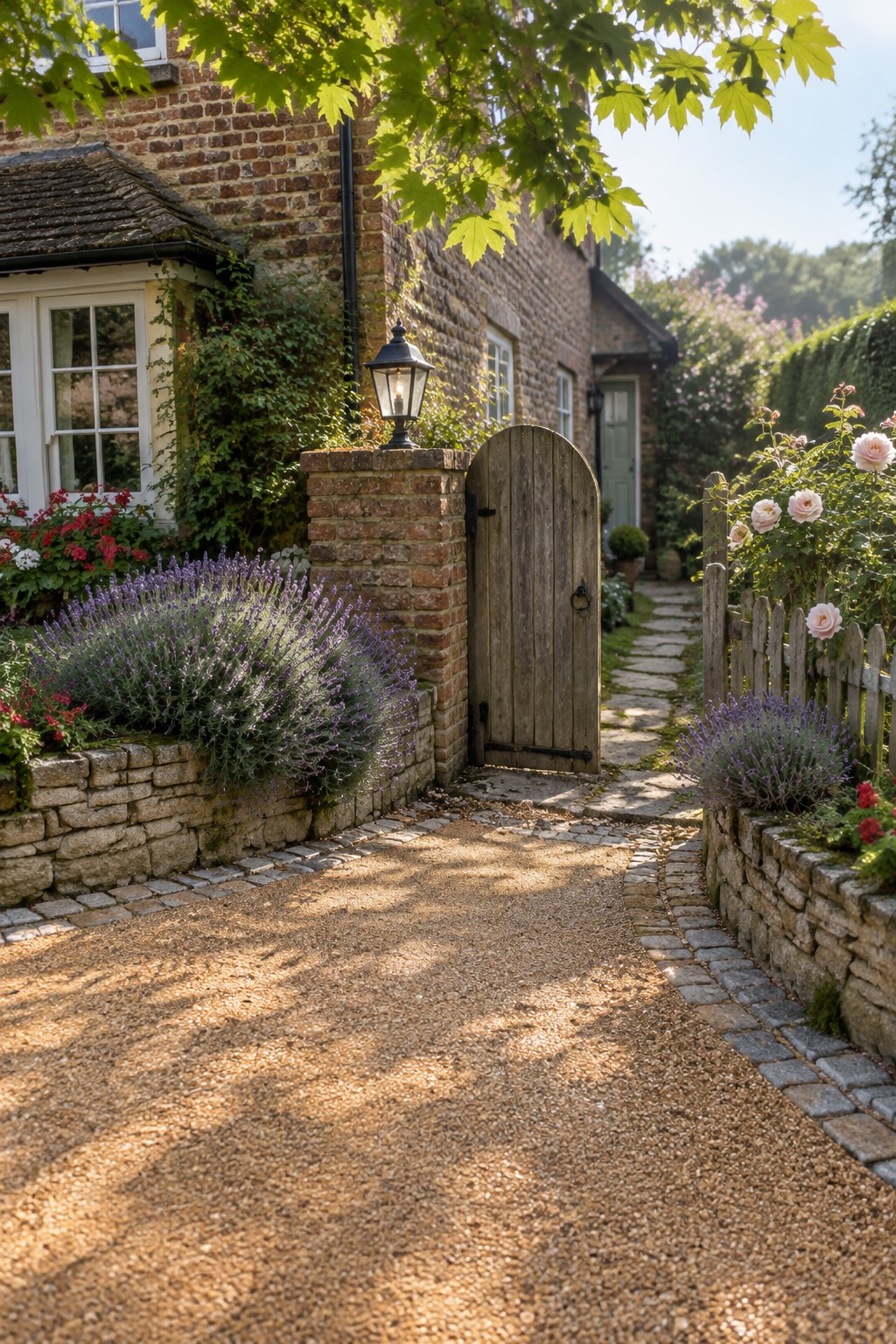A gravel driveway bordered by cobblestones leads past a wooden gate to a brick house, with lavender and roses along low stone walls.