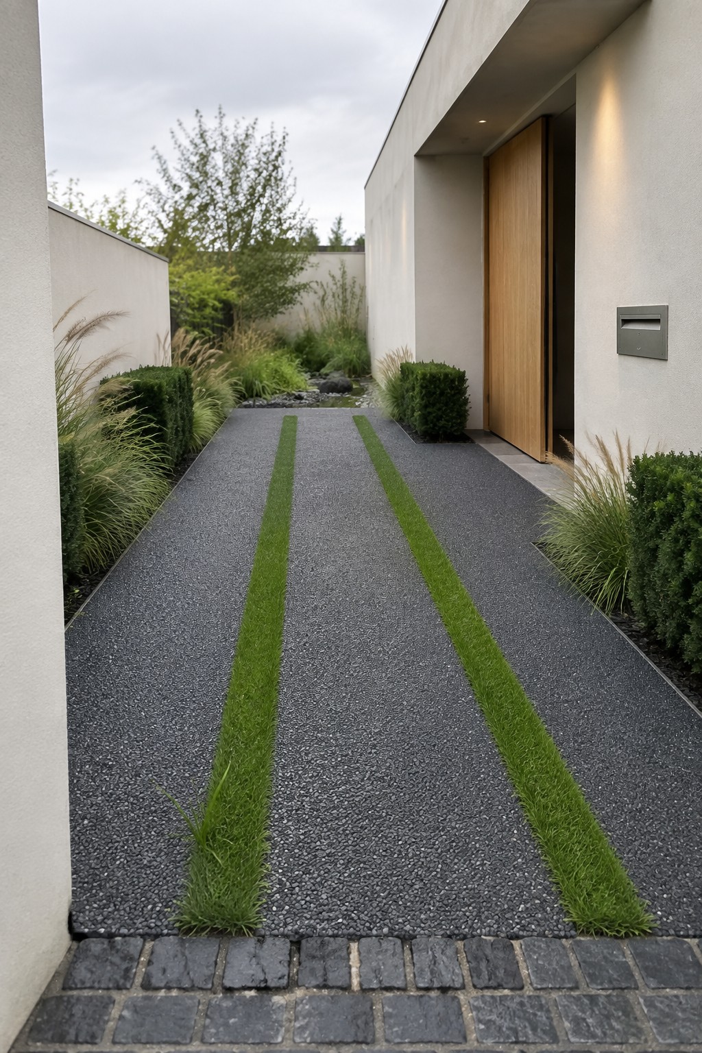 A narrow dark gravel driveway with two central grass strips leads to a modern house with a wooden door, flanked by green shrubs and ornamental grasses.