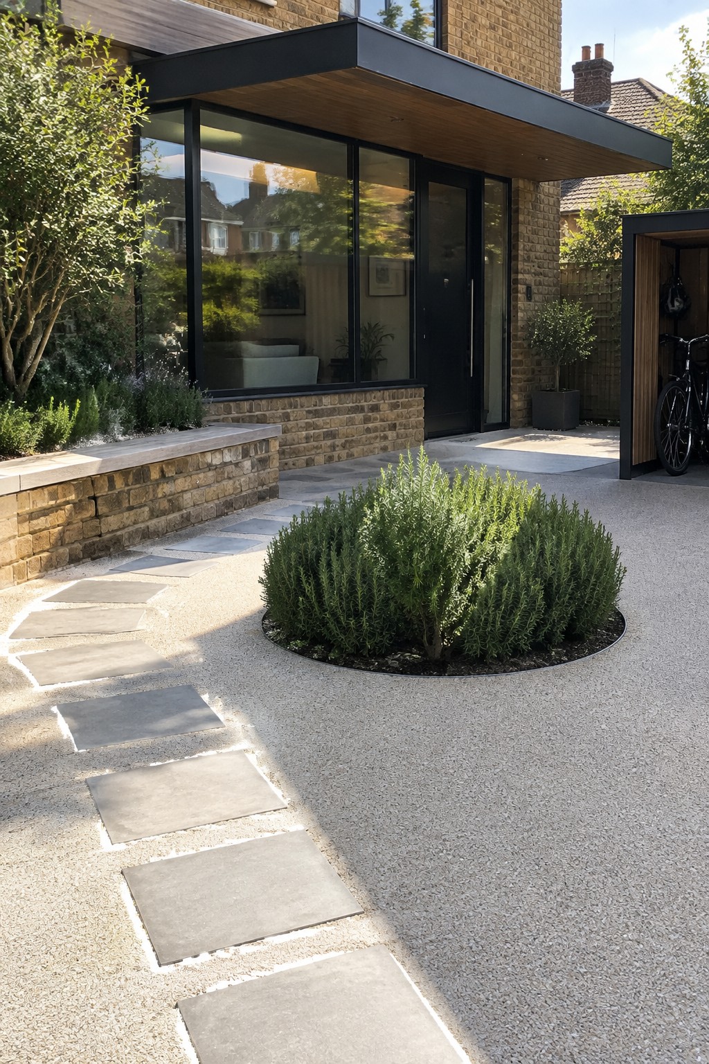 Modern brick home entrance with gravel path, stepping stones and central round shrub