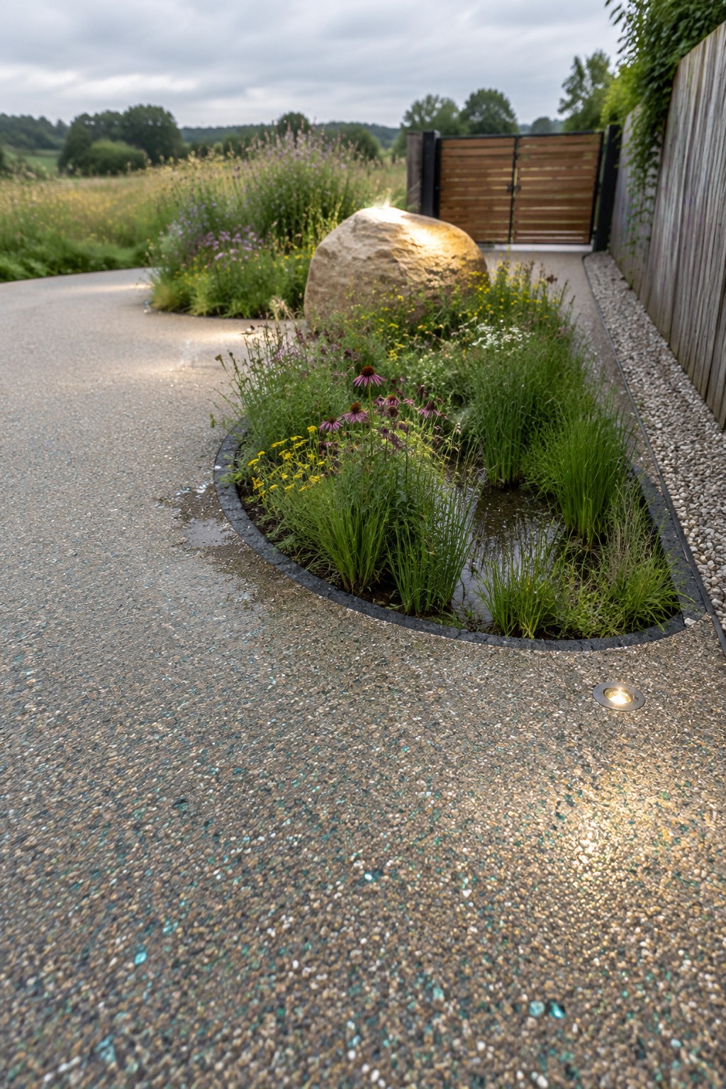 A resin bound driveway curves around a circular planted bed with grasses and flowers, next to a lit boulder and wooden gate.