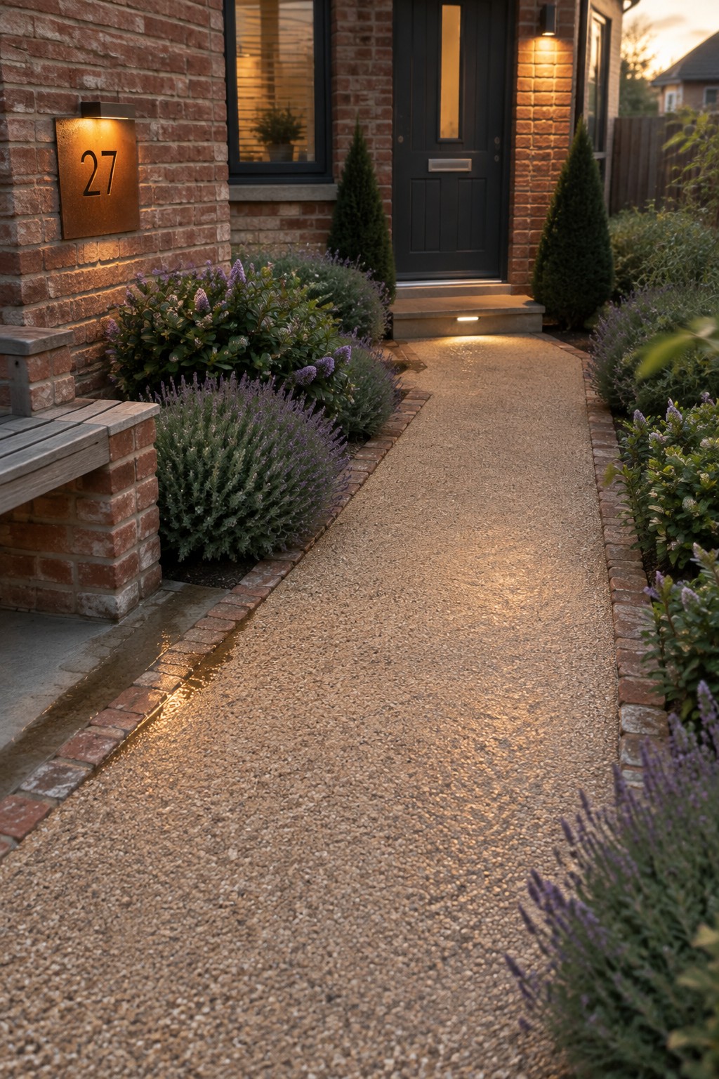 Brick house entrance with lit number 27, gravel path, purple lavender, and evening lights.