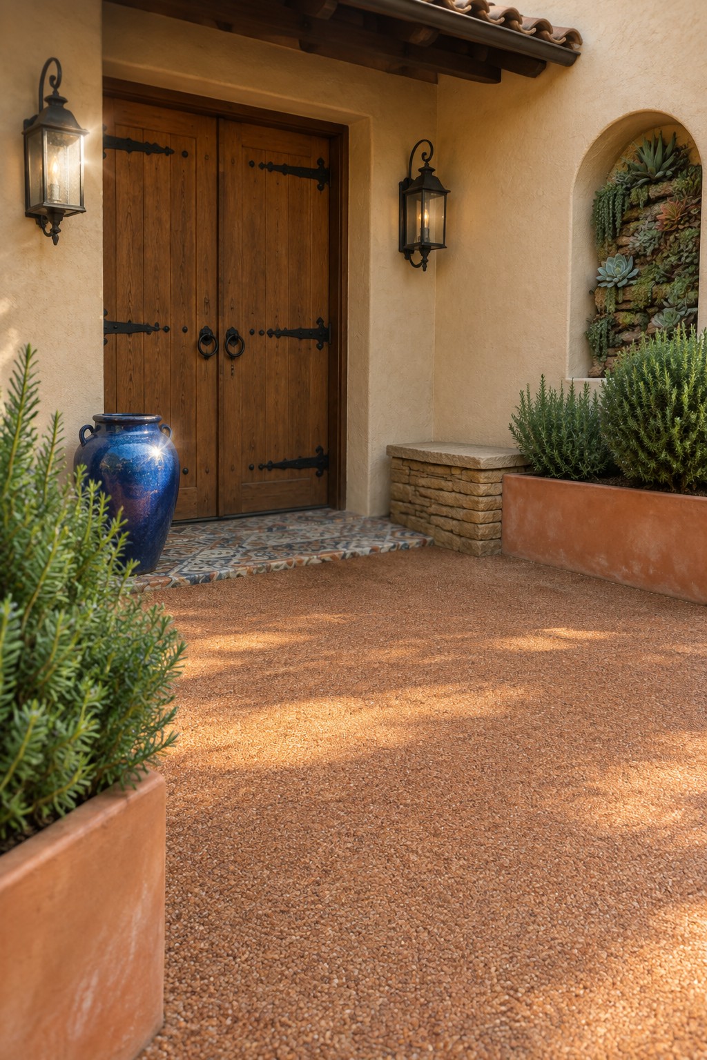 Spanish-style entry with wooden doors, blue vase, lanterns, and gravel courtyard
