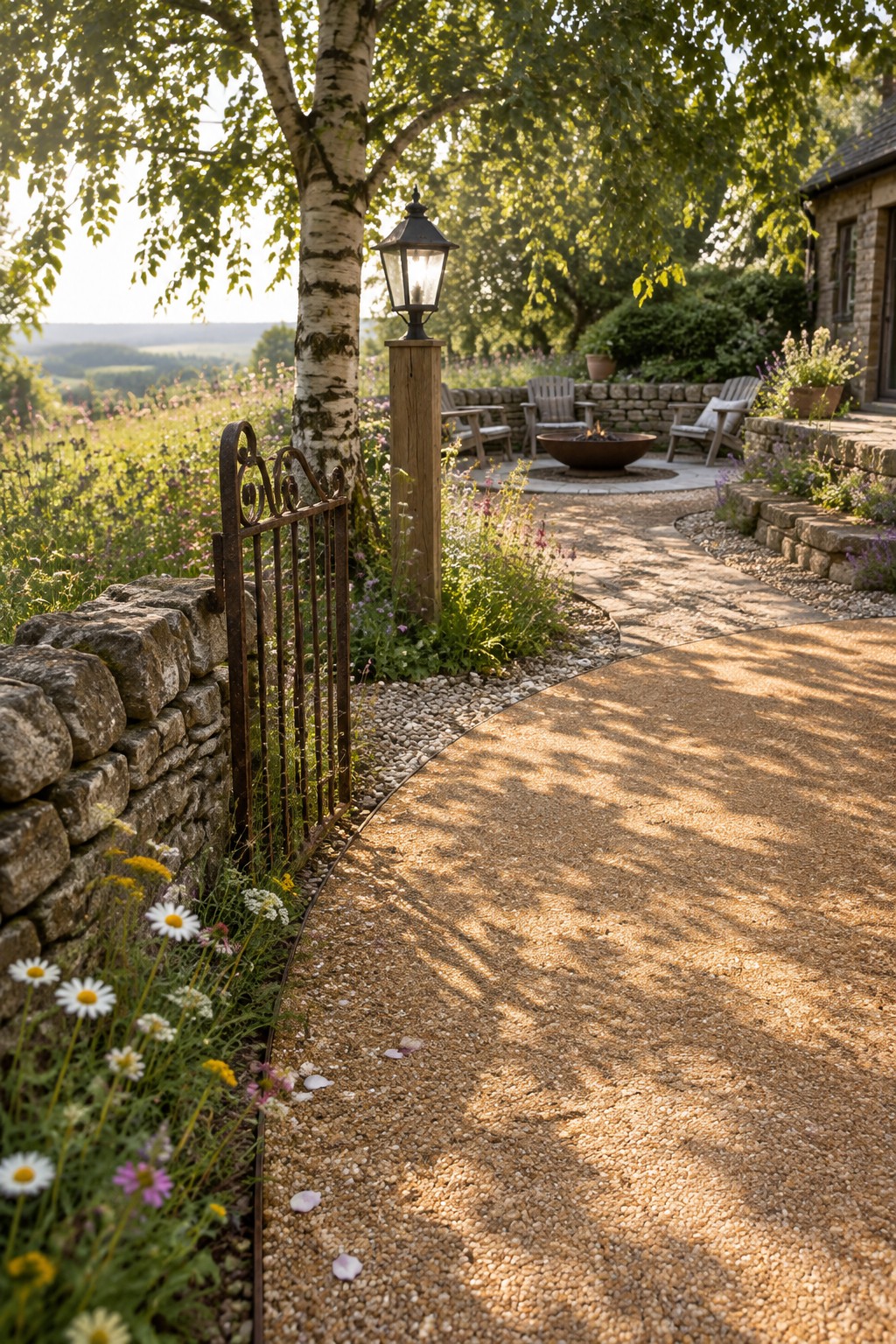 Winding gravel path beside wildflower garden, stone wall with gate, and lantern post