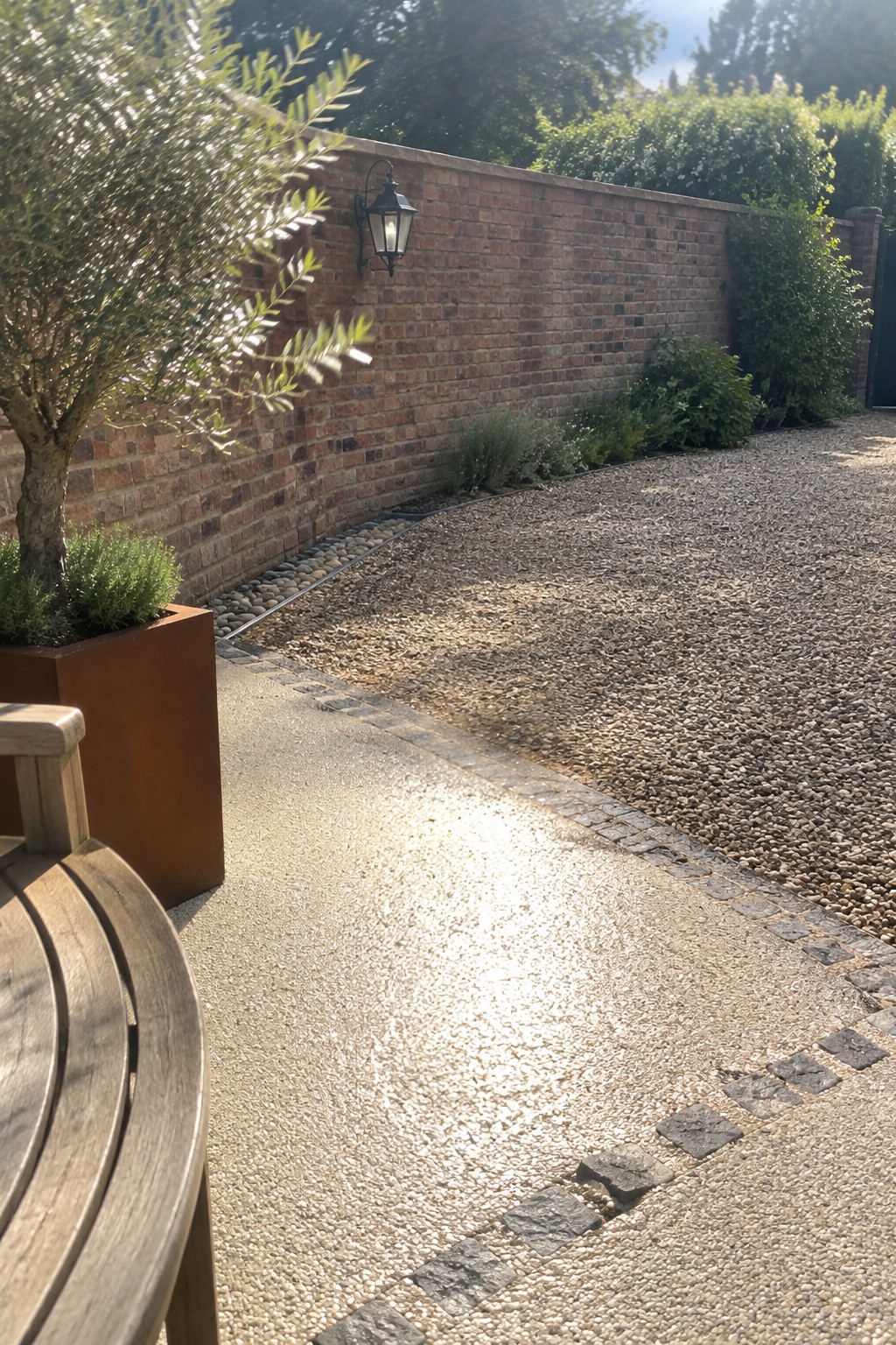 Sunlit gravel garden path bordered by cobblestones along a brick wall with lantern