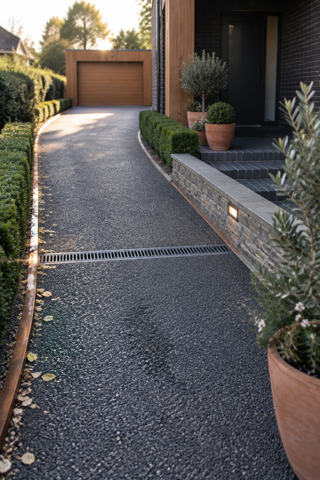 Curved gravel driveway at modern brick home with potted plants and stone wall.