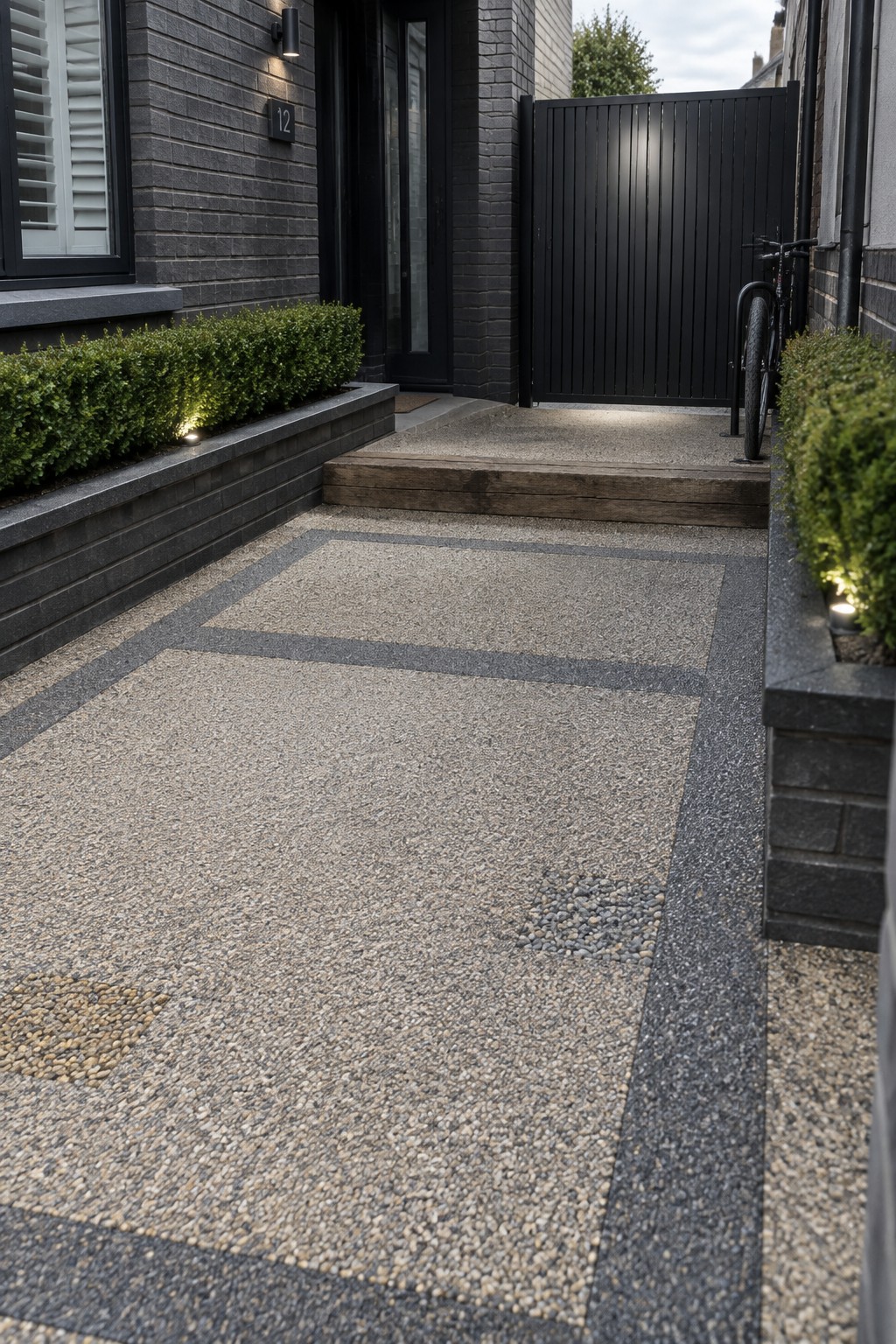 A resin bound gravel pathway with dark borders leads to wooden steps and a black door on a dark brick house, with a bicycle parked beside a black gate.