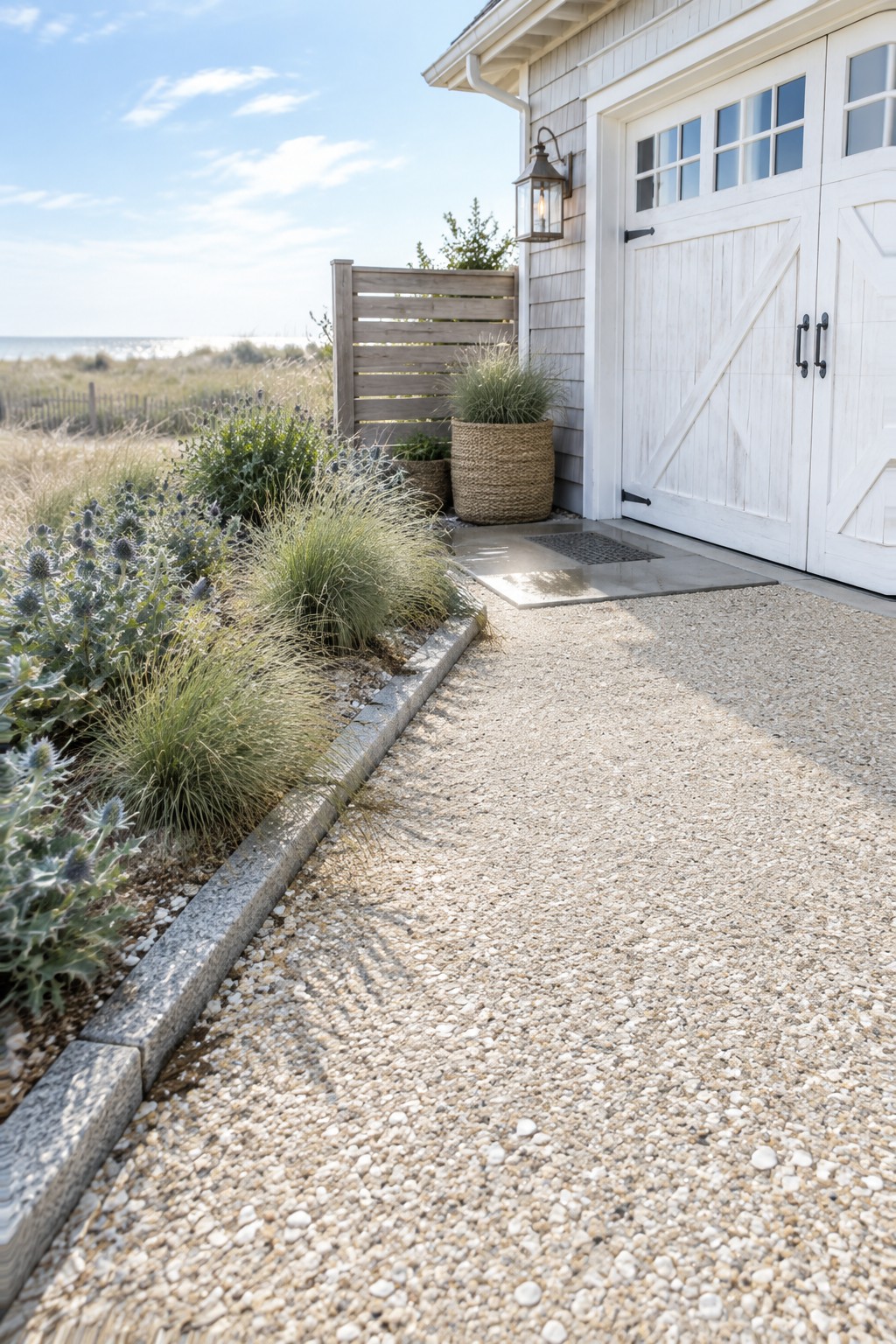 White carriage doors on beach house with gravel path, plants, and ocean view