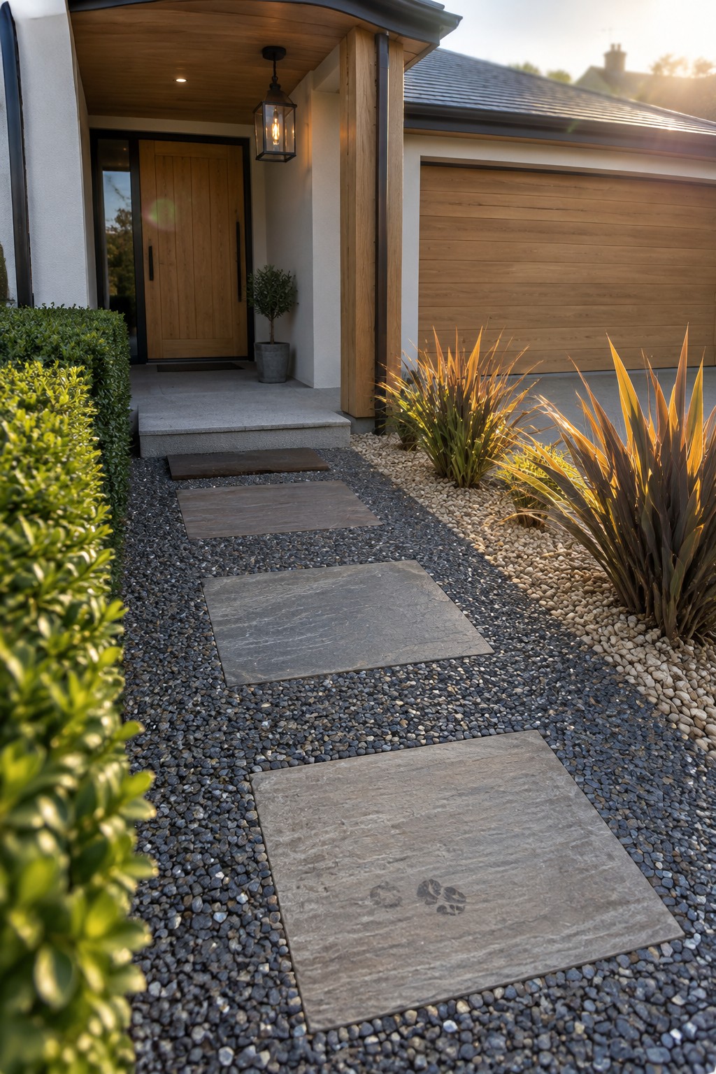 Stone pavers set in dark gravel form a path leading to a modern house entrance with a wooden door and garage visible in the background.