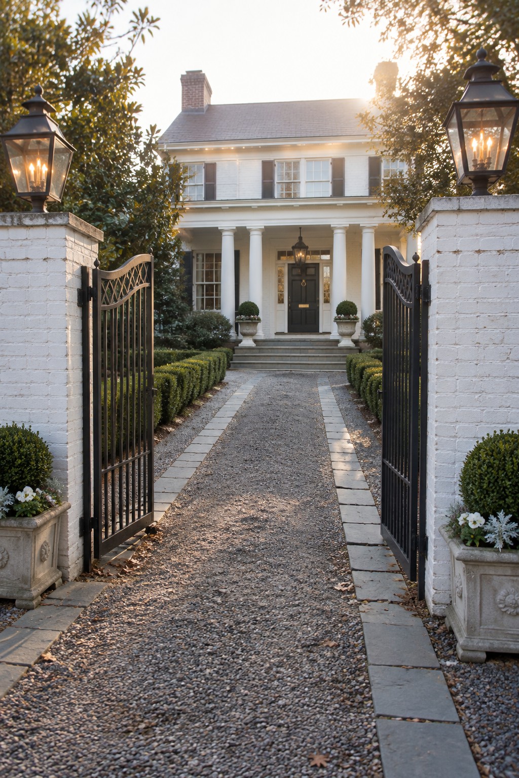 A white colonial house with a central dark door is framed by open black metal gates set between white brick pillars topped with lanterns, along a gravel driveway lined with hedges.