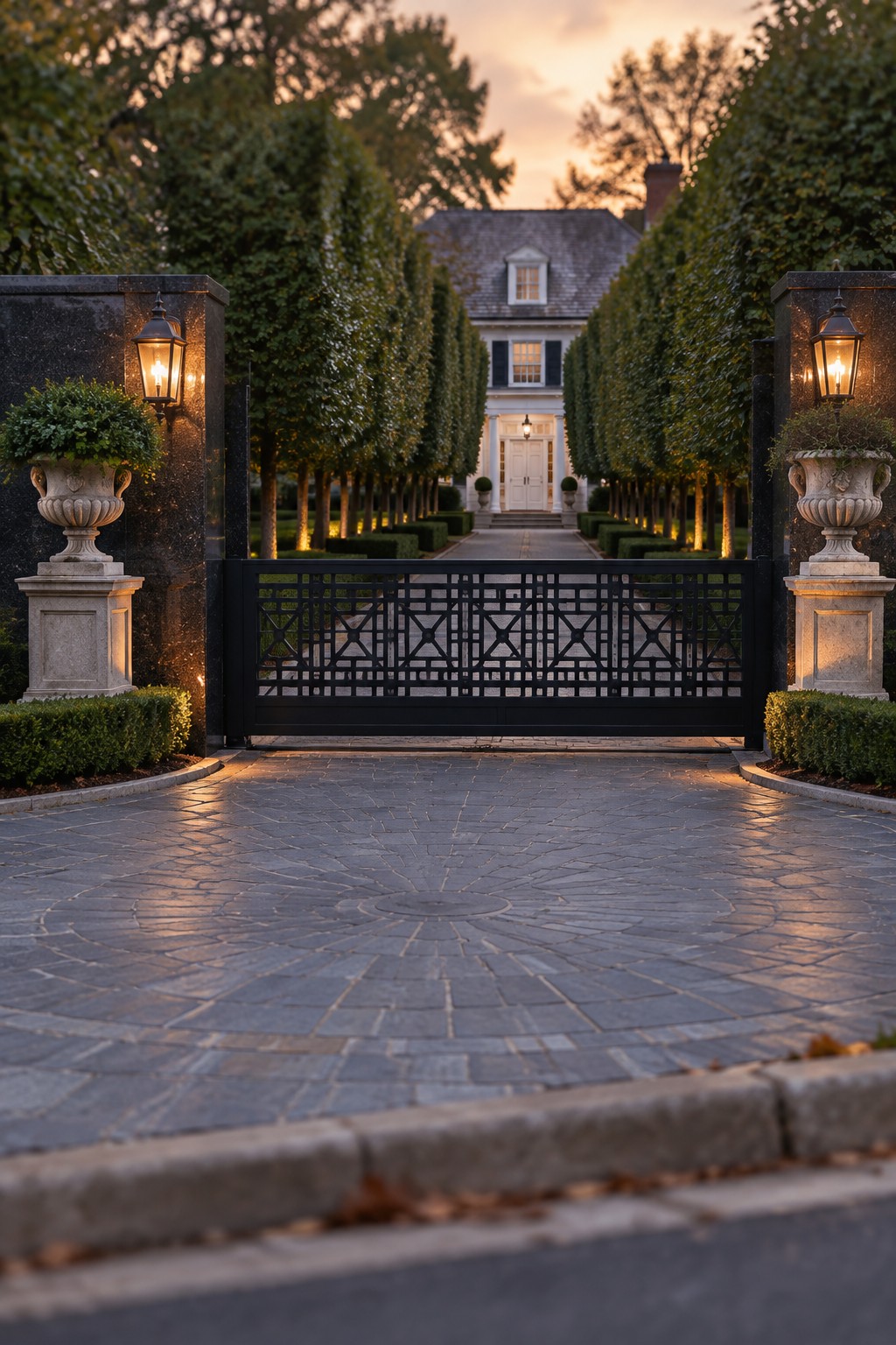 A black metal driveway gate with a geometric pattern stands open between two stone pillars topped with lit lanterns, leading toward a colonial house with trees along the drive.