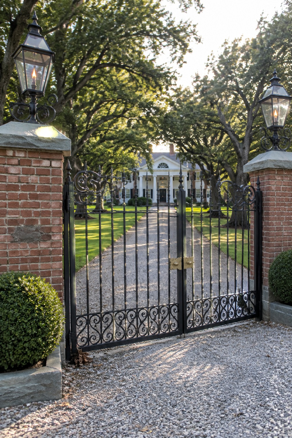 A black wrought iron driveway gate with ornate scrollwork stands open between brick pillars topped with lit lanterns, leading to a white colonial house with trees and a gravel path.
