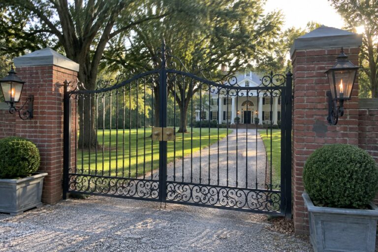 A black wrought iron driveway gate with ornate scrollwork stands open between brick pillars topped with lit lanterns, leading to a white colonial house with trees and a gravel path.