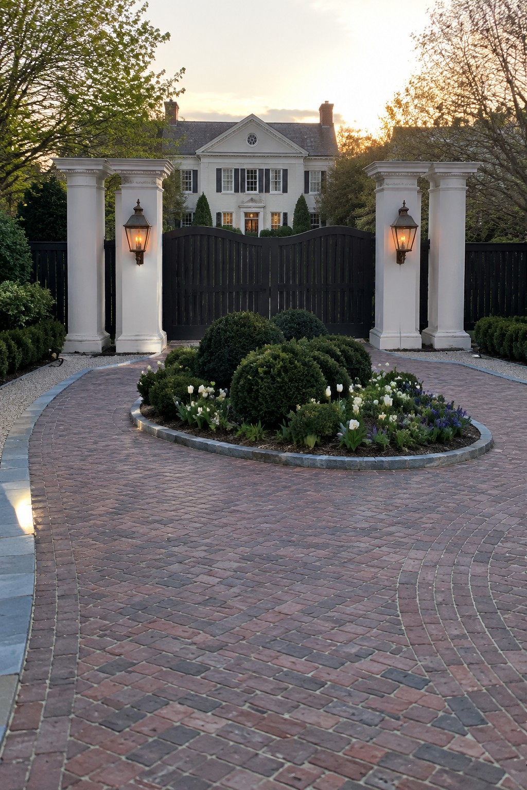 A dark wooden driveway gate is centered between two white columns with lit lanterns, with a curved brick driveway and central landscaped island leading to a white colonial house at dusk.