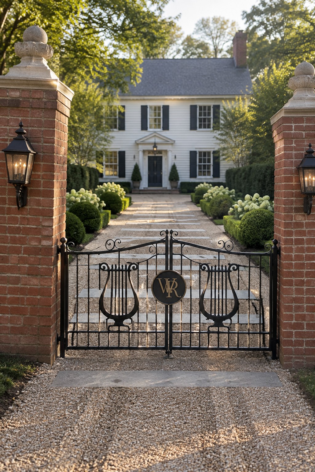 A black wrought iron driveway gate with lyre motifs and a central monogram circle stands open between brick pillars in front of a white colonial house.