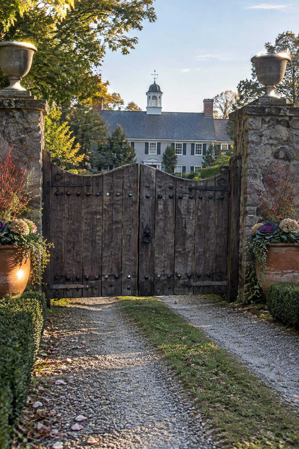 Wooden gate between stone pillars with urns on gravel path to colonial house