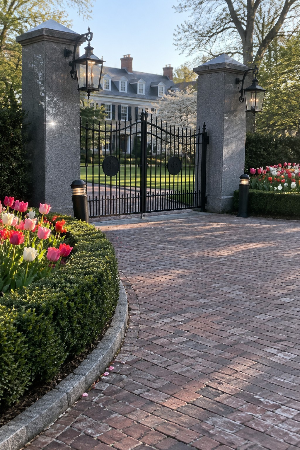 Open wrought-iron gate between stone pillars on brick drive with pink tulips and mansion beyond