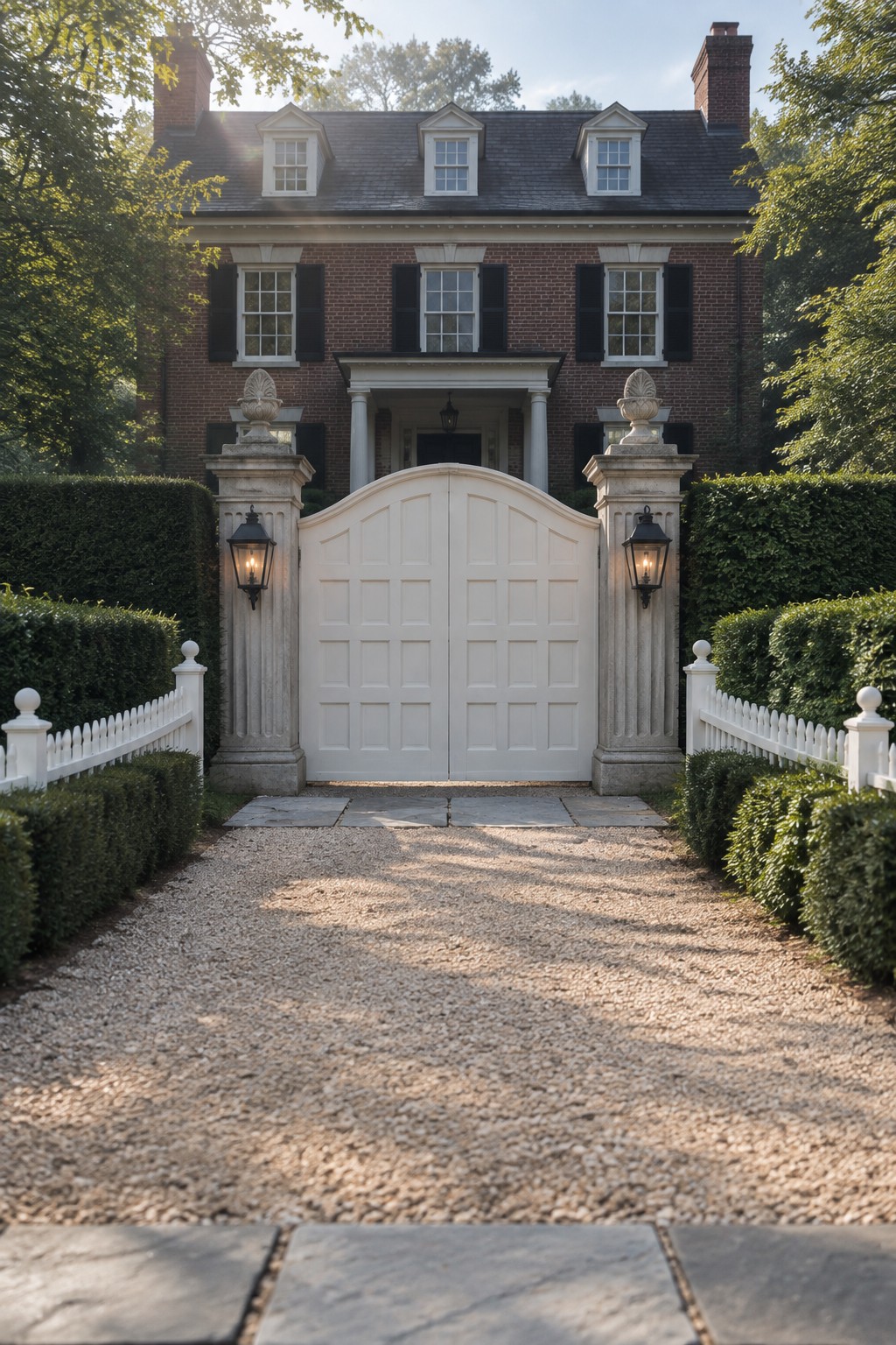 A white arched driveway gate between stone pillars with lanterns, set in front of a brick colonial house with a gravel path and hedges.