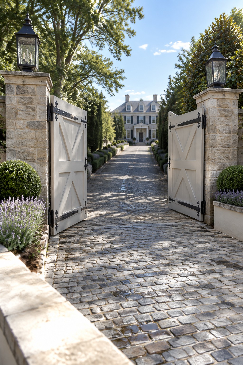 Open wooden driveway gates with black metal hardware on stone pillars frame a cobblestone path leading to a colonial house.