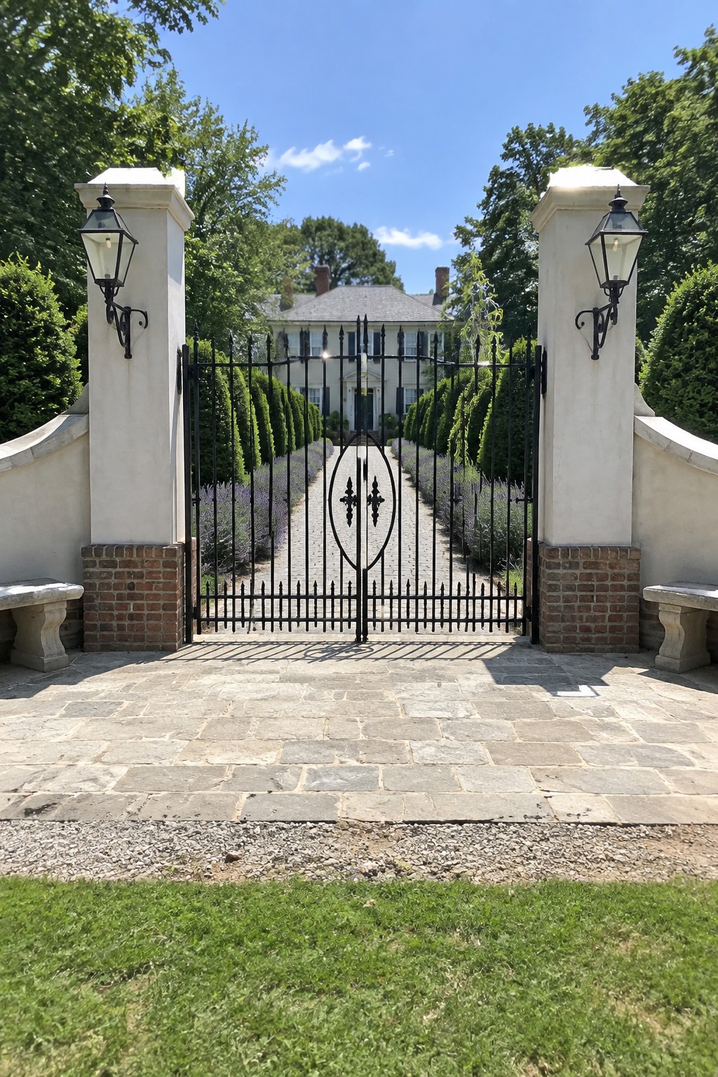 Black wrought-iron gates between lantern-topped pillars open to lavender path and white house