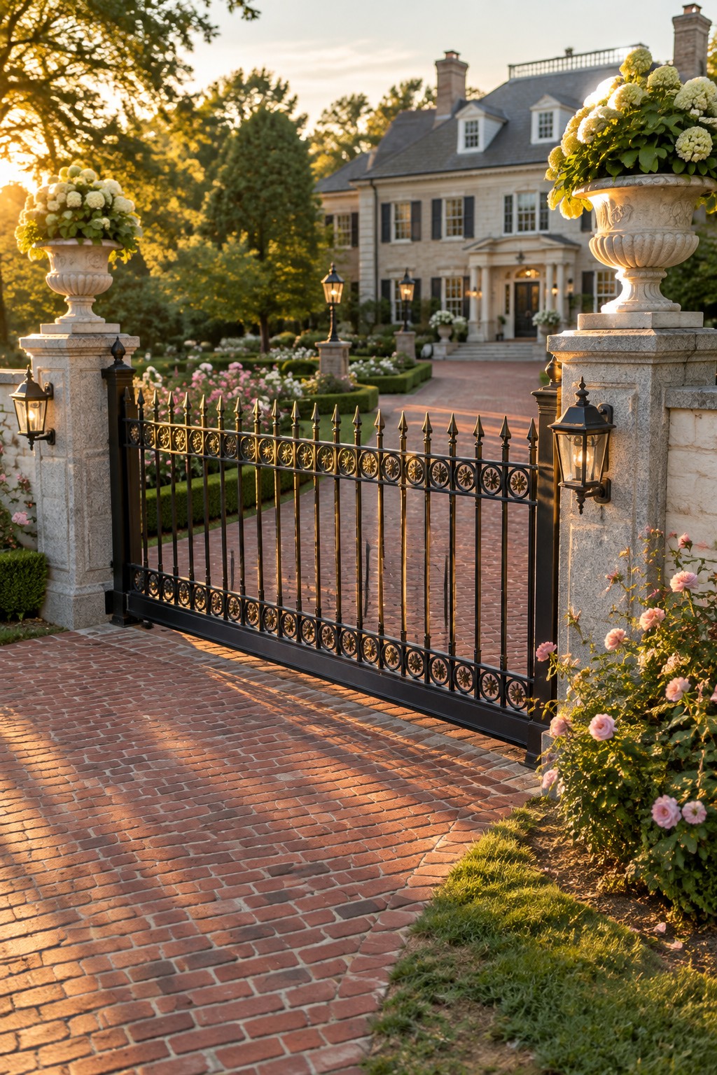 Open wrought iron gate on brick driveway to grand stone mansion at sunset with floral urns.