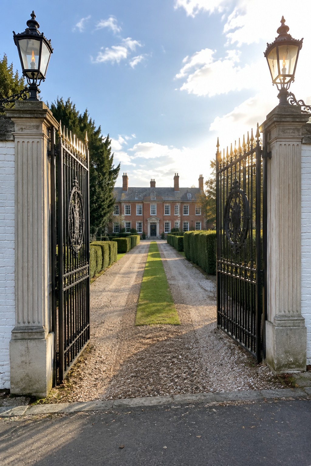 Open black wrought iron gates with crests hang between tall stone pillars topped with lit lanterns, framing a gravel driveway with a central grass strip leading to a red brick colonial house.