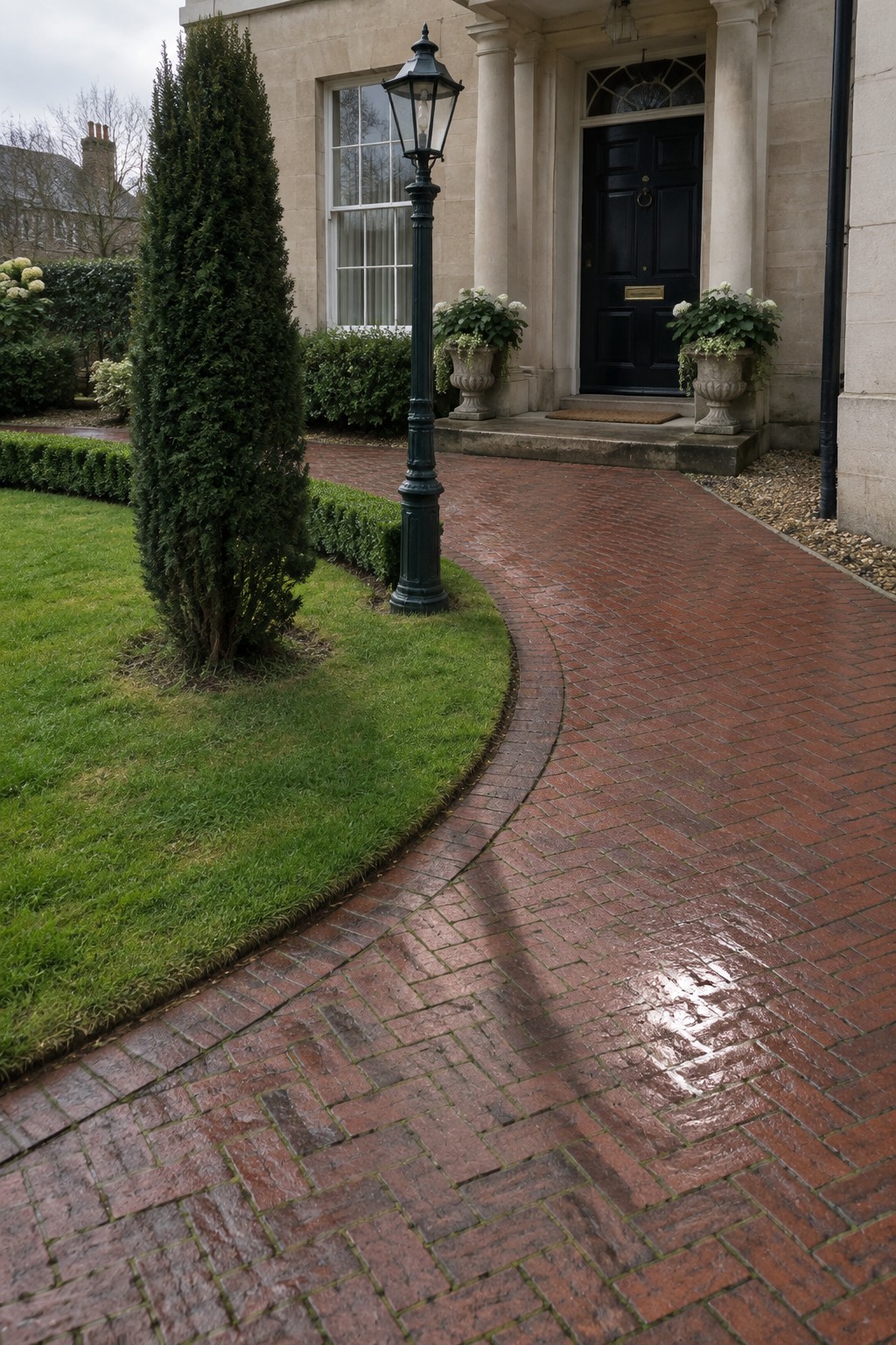 A curved red brick driveway leads up to the front door of a stone house, with a tall evergreen tree on the left and potted plants near the entrance.