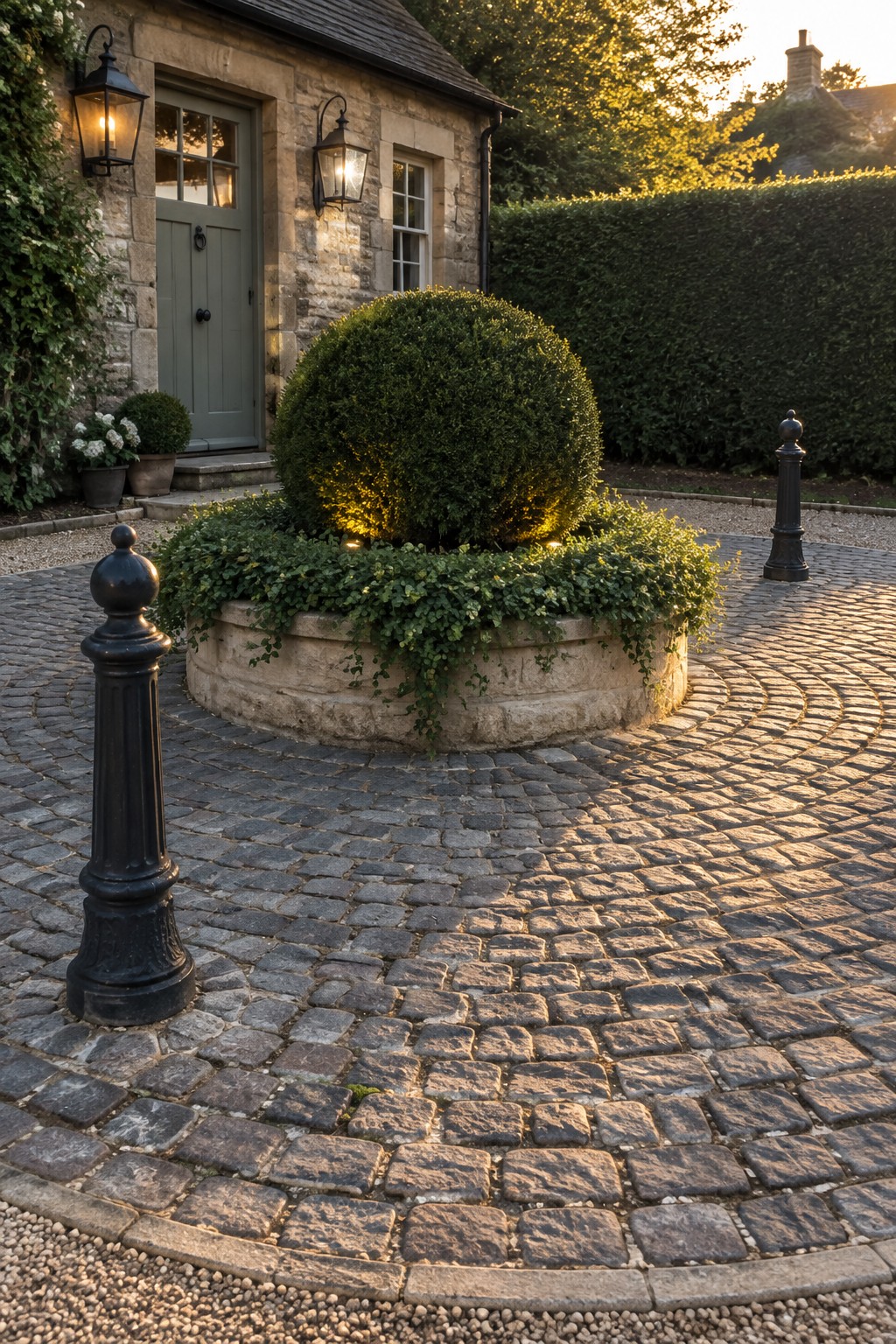 A half-circle cobblestone driveway curves around a large round stone planter holding a dense bush and trailing ivy, set in front of a stone house with a green door and two black lanterns.