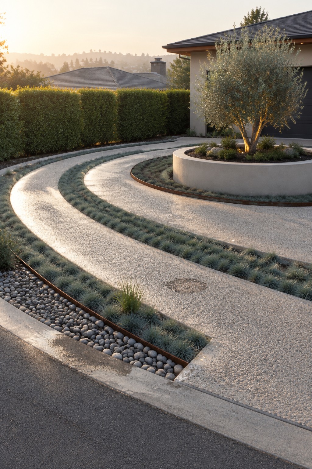 A curved concrete driveway with gravel and grass borders curves around a large circular concrete planter containing a small tree, next to a modern house.