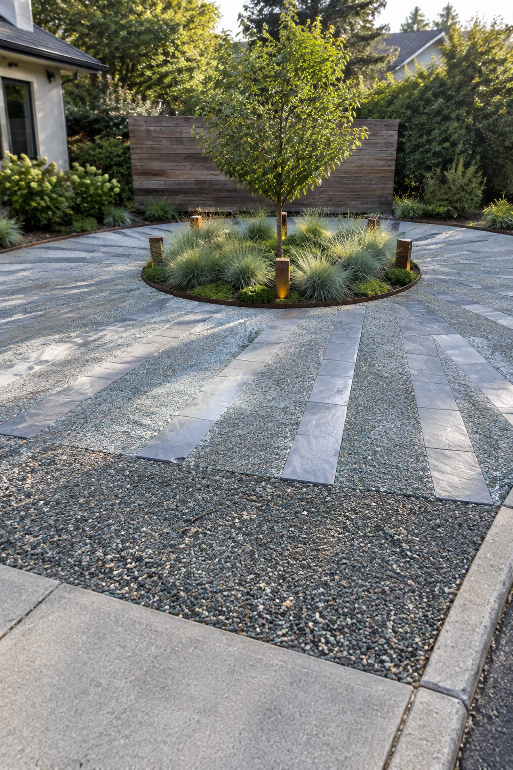 A half-circle driveway with a central circular planting bed containing a small tree and grasses, bordered by radial stone pavers and gravel sections.