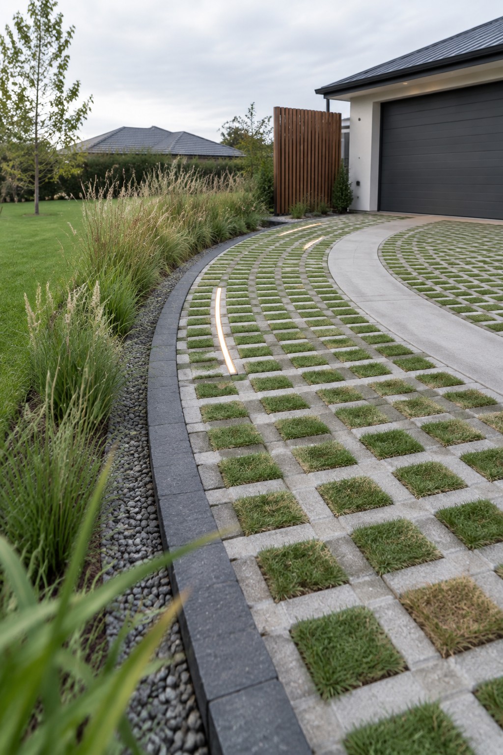 Curved driveway of grass pavers with glowing LED light strip by modern house