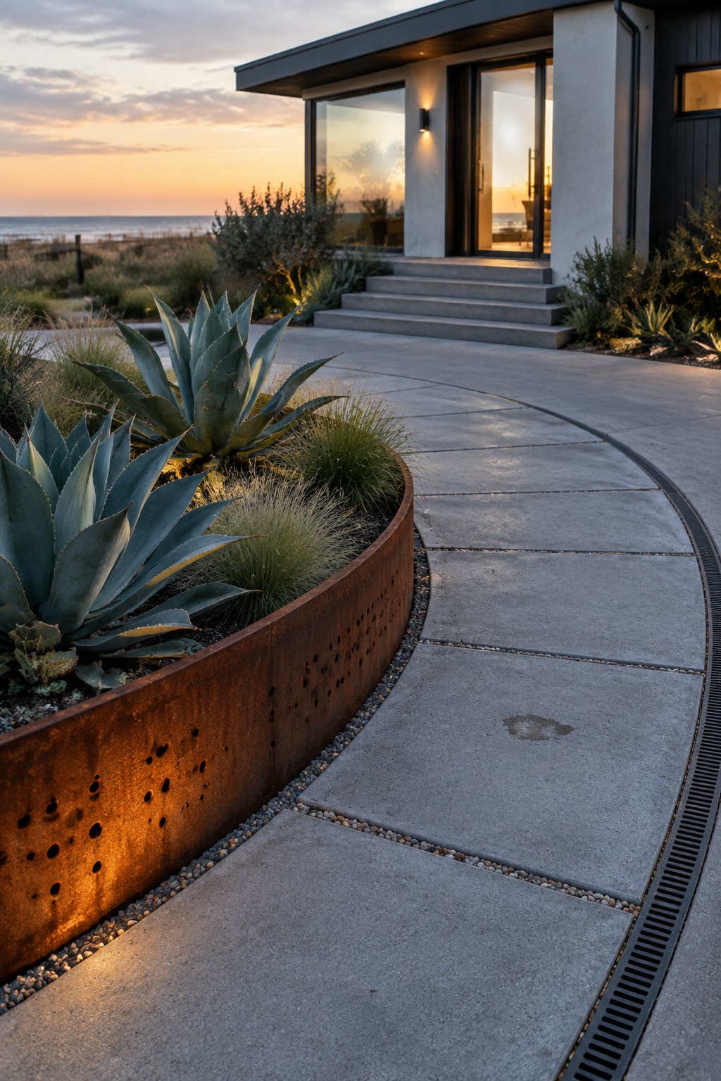 A modern house exterior at sunset with a curved concrete driveway bordered by a large rusted metal planter containing agave plants and ornamental grasses.