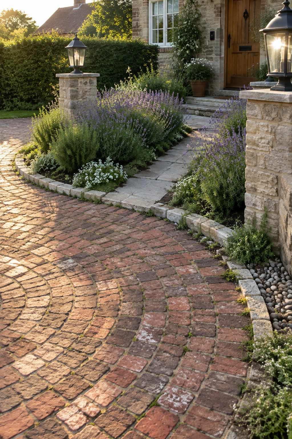 A curved red brick driveway bordered by light stone edging leads toward a stone house entrance, with lavender plants and two lantern-topped stone pillars on either side.