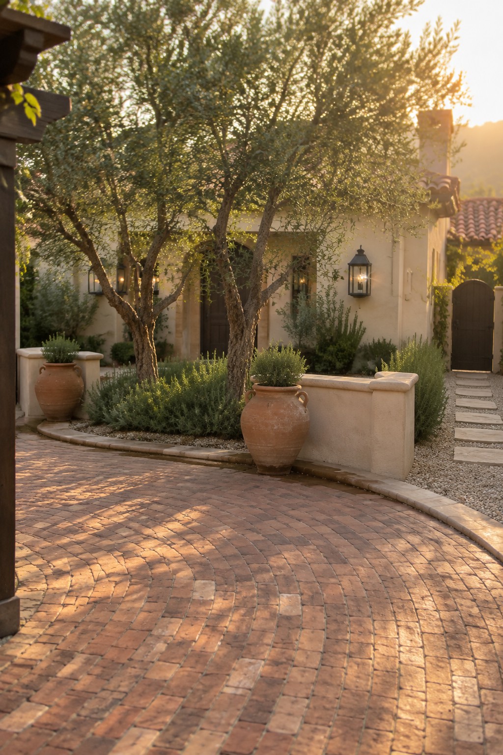 A curved brick driveway wraps around large terracotta pots in front of a stucco house with trees and gravel borders.