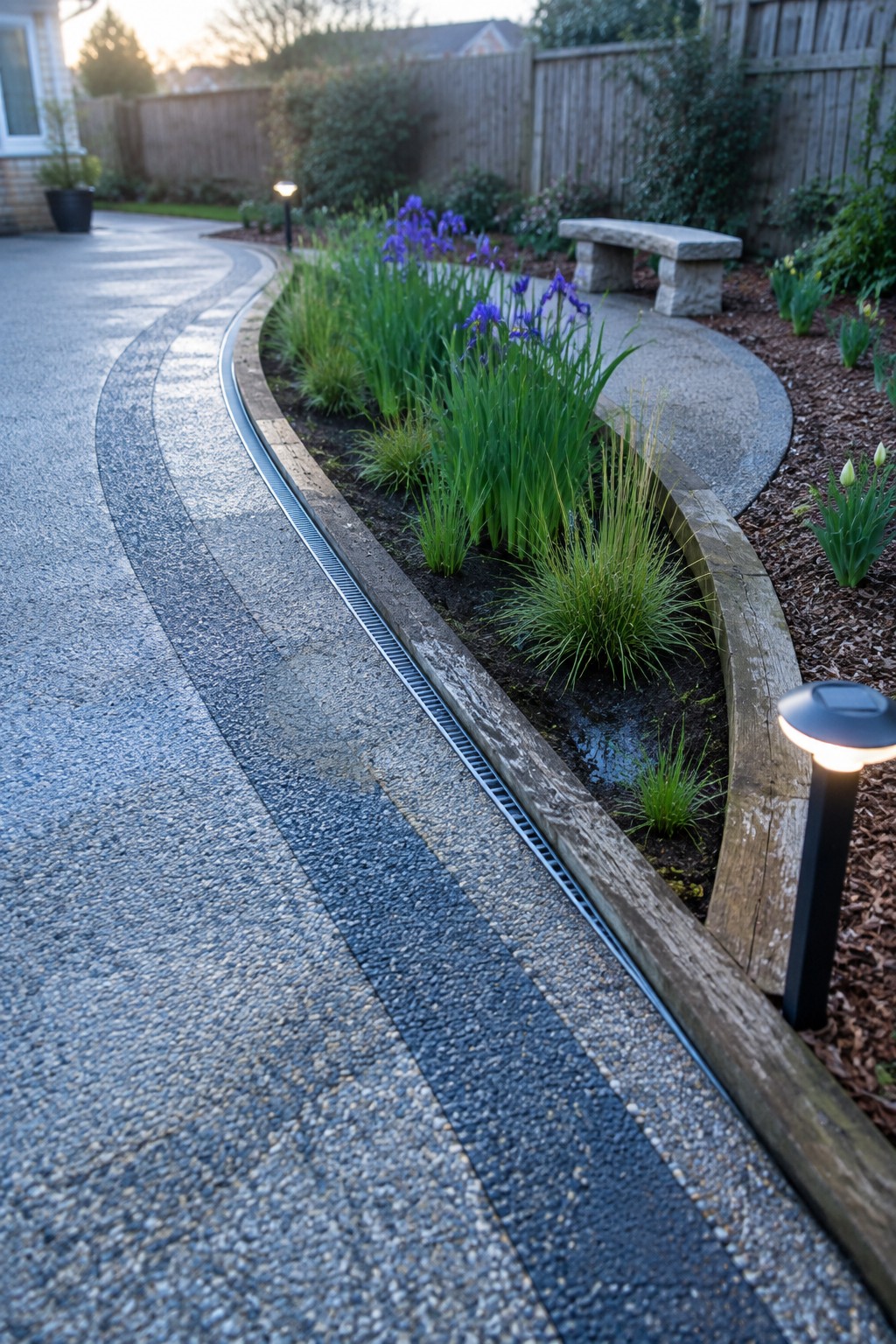 Curved paved path borders wooden-edged garden bed with purple irises and stone bench at dusk