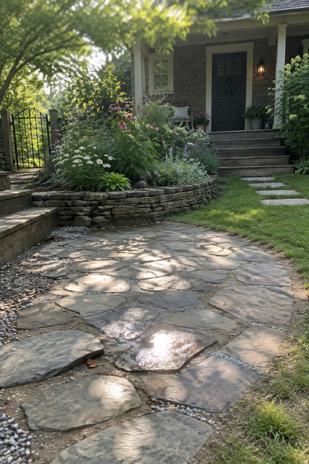 Stone path curves through lush garden to house with green door.