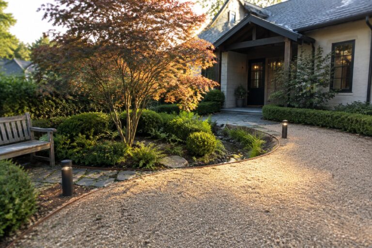 15 Practical Small Half Circle Driveway Ideas for Limited Parking A gravel half-circle driveway curves in front of a house, bordered by shrubs and a stone pathway that leads to the front door.