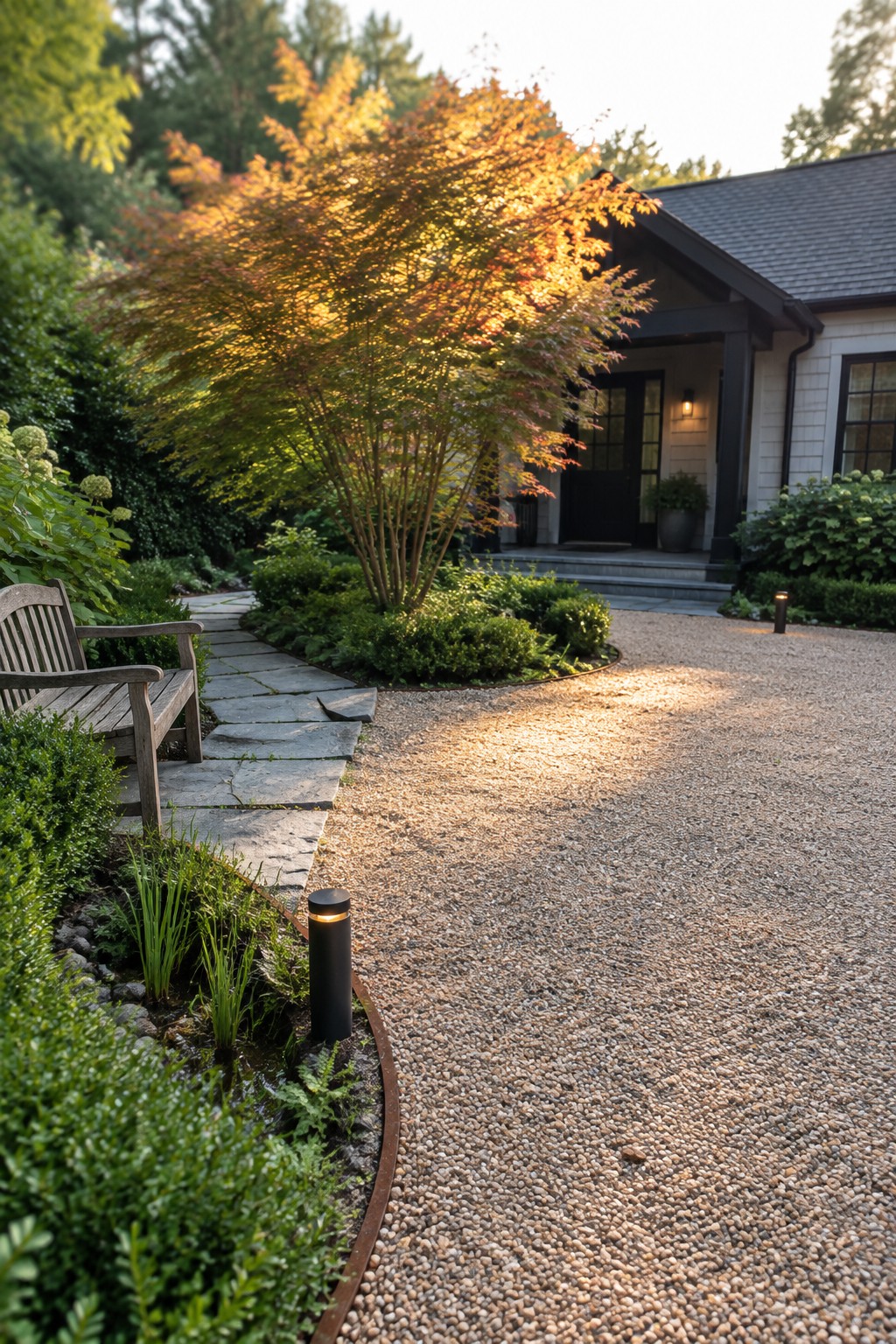 A gravel half-circle driveway curves in front of a house, bordered by shrubs and a stone pathway that leads to the front door.
