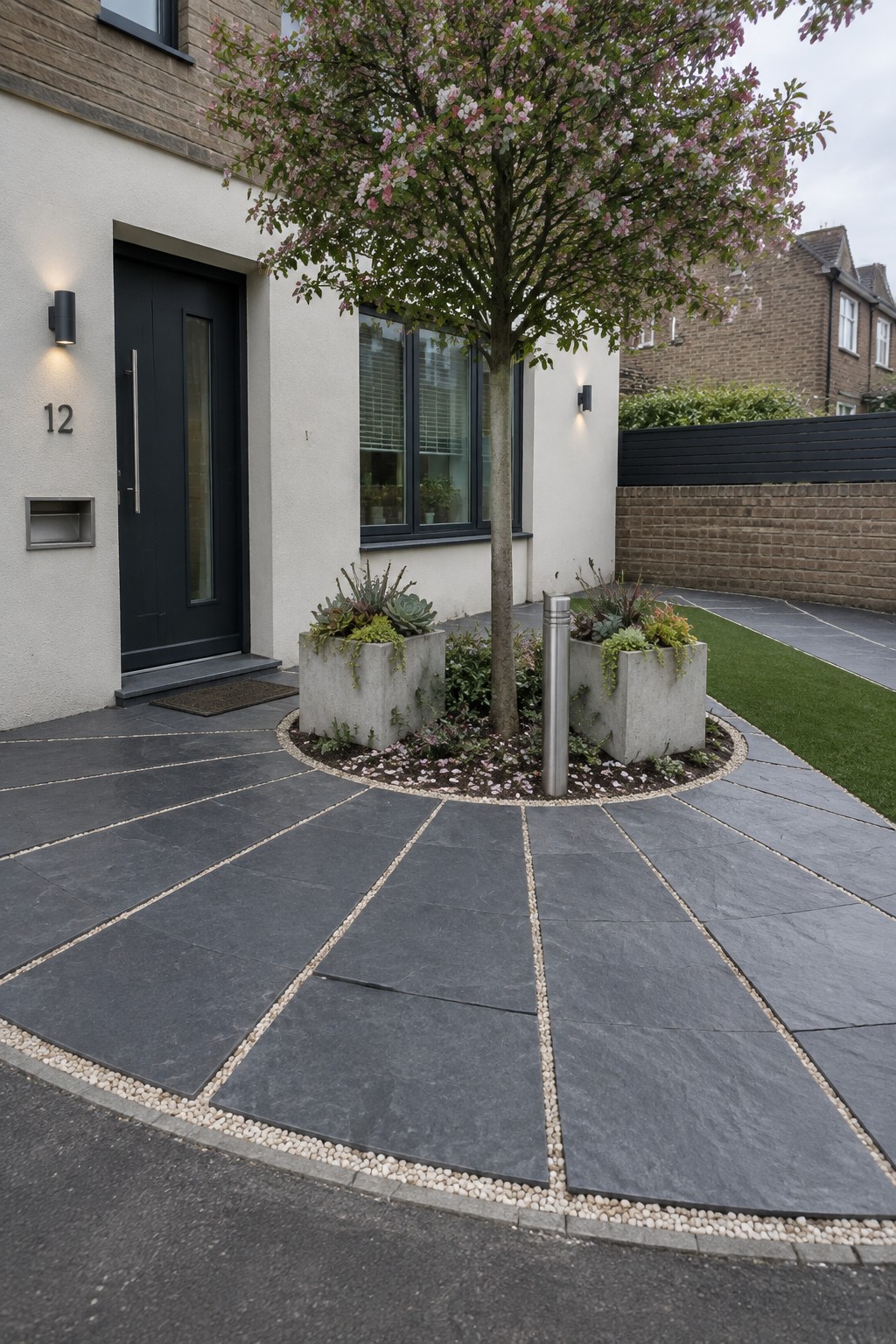 A small half-circle driveway of dark gray paving slabs arranged radially around a central tree, bordered by light pebbles, with two concrete planters holding succulents and a black front door on the left.