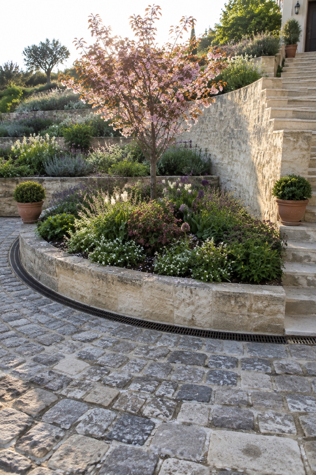 Curved stone flower bed with pink tree beside cobblestone path and stairs
