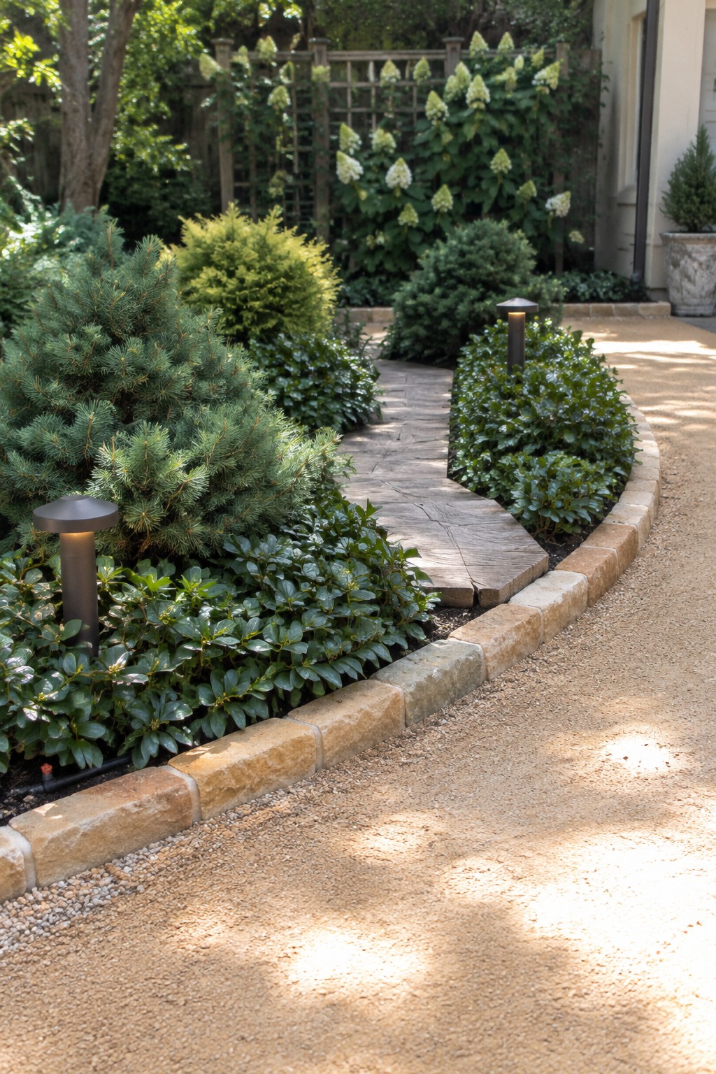 Curved stone garden path lined with lush shrubs, stone borders, and lights