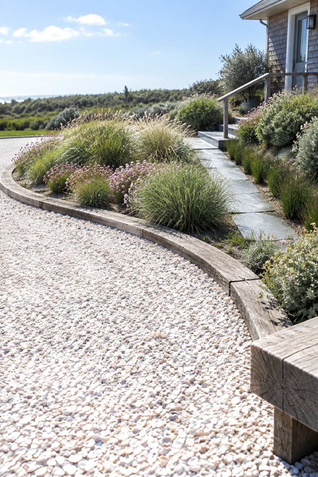 A gravel half-circle driveway curves past a planted bed edged with weathered wood, containing grasses and pink flowers, with a stone path leading to a house.