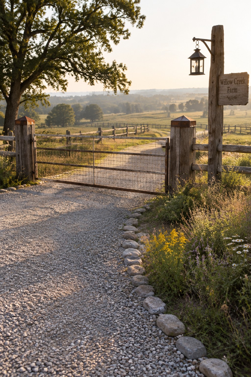 A metal grid gate stands open between wooden posts at the start of a gravel driveway lined with large stones, with a wooden farm sign and lantern mounted on one post.