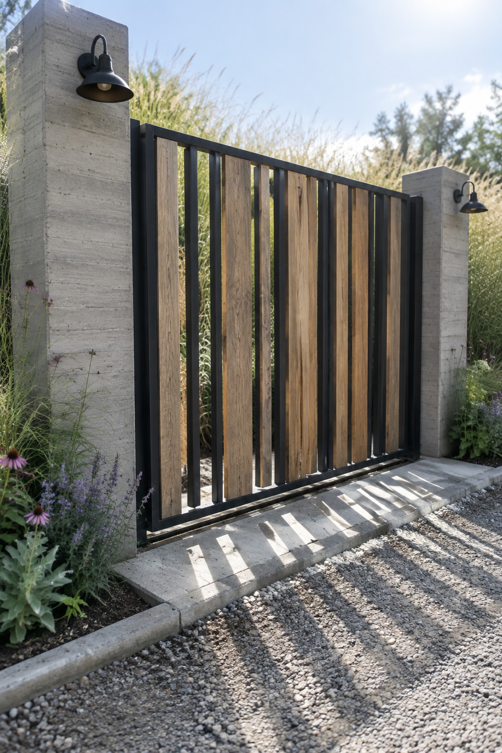 A driveway gate with a black metal frame and vertical wood slats, installed between two concrete pillars with black light fixtures and garden plants nearby.