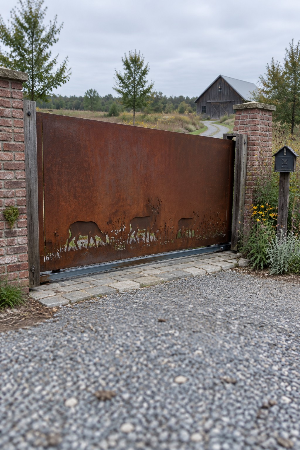 A rusted metal driveway gate with deer and grass silhouettes spans between brick pillars on a gravel path in front of a wooden barn.